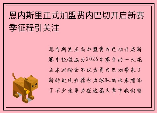 恩内斯里正式加盟费内巴切开启新赛季征程引关注